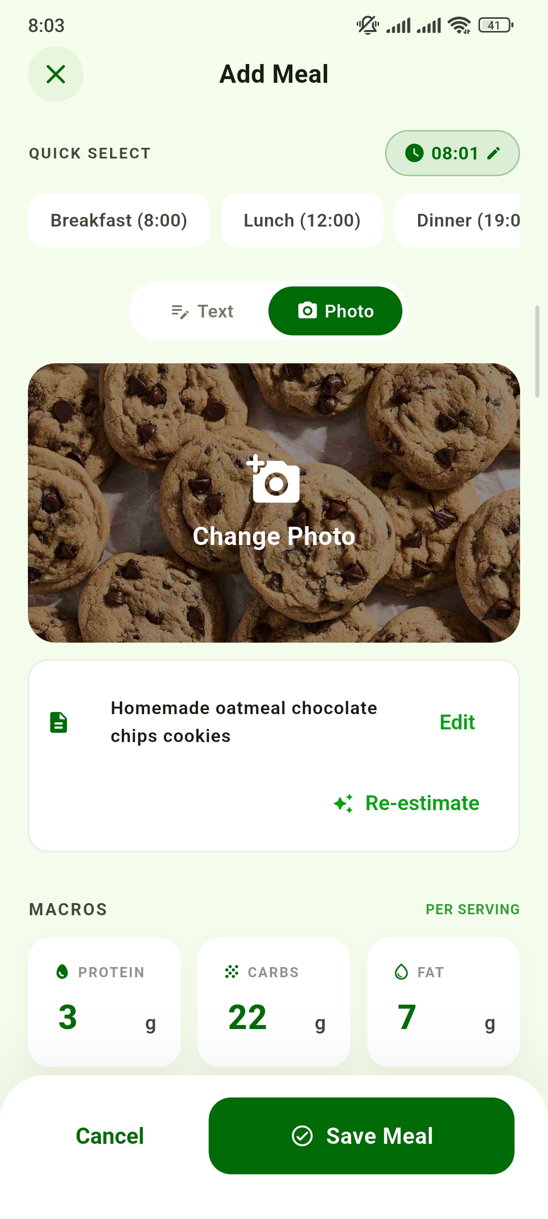 Caloritics app meal recognition result